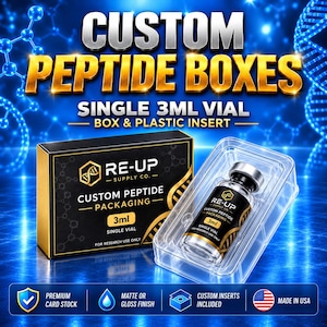 May include: A black and gold rectangular box labeled Custom Peptide Packaging with a 3ml single vial in a clear plastic insert. The box and vial feature the Re-Up Supply Co. logo and text stating 3ml single vial for research use only.