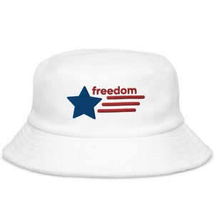 Freedom Star Red White And Blue Unstructured Terry Cloth Cotton Bucket Hat, Bucket Hat Men Women Teen, Baseball Trucker Hat, Embroidered Hat