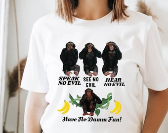 Camiseta de macaco, camiseta dos 3 macacos sábios, camiseta "Fale, veja, ouça o mal", camiseta de macaco, presentes para mulheres, camiseta feminina, camiseta masculina, camiseta engraçada de macaco
