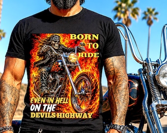 Biker Skeleton Shirt Born To Ride The Devils Highway, Motorcycle Rider Tee, Vintage Biker Graphic T-shirt Skeleton On Motorcycle Meme Tshirt