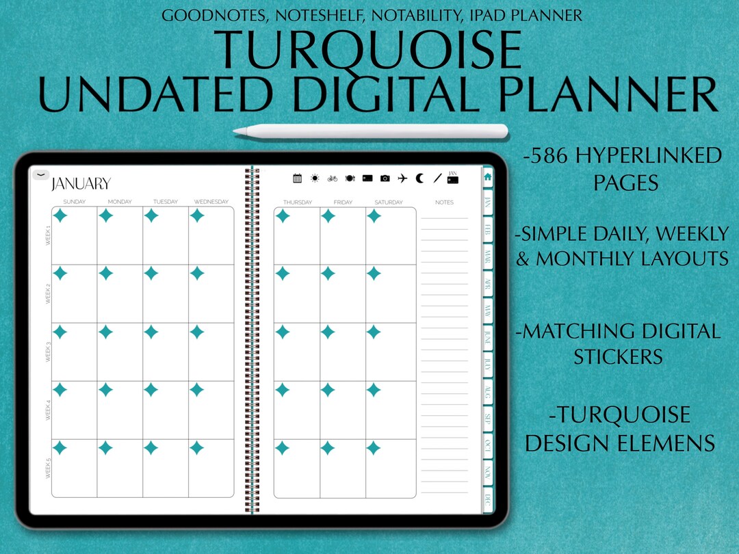 Turquoise Digital Planner, Undated Digital Planner, iPad Planner ...