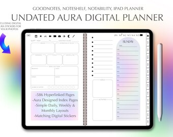 May include: A digital planner for Goodnotes, Noteshelf, Notability, and iPad. The planner is undated and features a rainbow gradient background. It includes 586 hyperlinked pages, aura designed index pages, simple daily, weekly, and monthly layouts, and matching digital stickers.