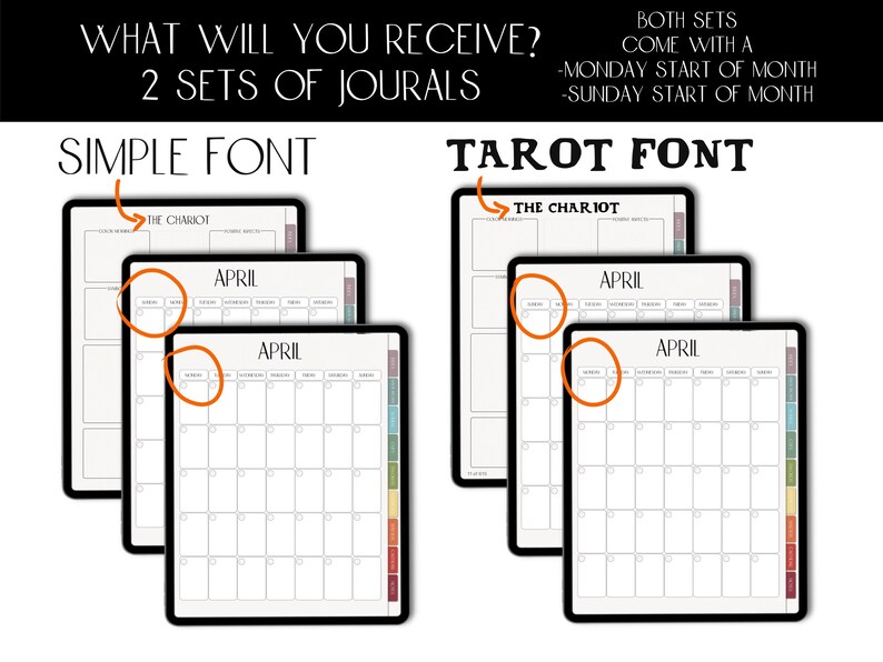 May include: Two sets of printable digital journal pages, one with a simple font and one with a tarot font. Both sets include monthly calendar pages for April with options for Monday or Sunday start of the month.
