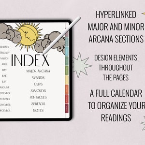 May include: A digital planner for tarot readings with a sun and clouds design. The planner includes a calendar, index, and sections for major and minor arcana, wands, cups, swords, pentacles, spreads, and notes.