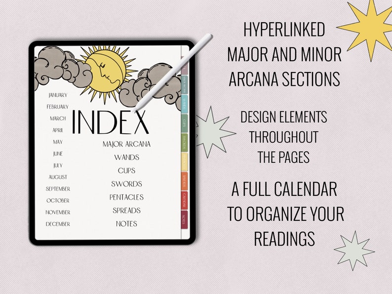 May include: A digital planner for tarot readings with a sun and clouds design. The planner includes a calendar, index, and sections for major and minor arcana, wands, cups, swords, pentacles, spreads, and notes.