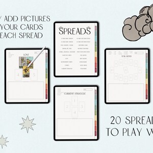 May include: A digital illustration of 20 tarot card spreads, with titles like "Love", "Year Ahead", and "Current Struggle". Each spread has numbered spaces for tarot cards, and the text "Simply add pictures of your cards to each spread" is at the top.