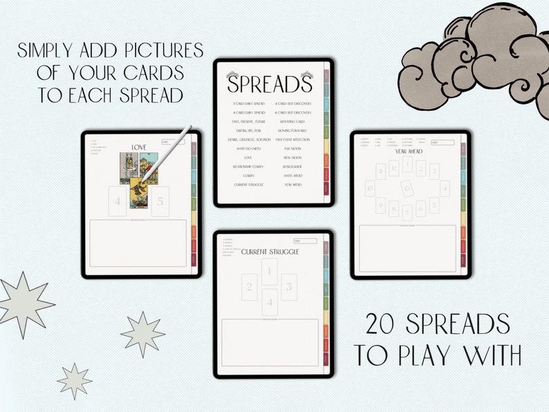 May include: A digital illustration of 20 tarot card spreads, with titles like "Love", "Year Ahead", and "Current Struggle". Each spread has numbered spaces for tarot cards, and the text "Simply add pictures of your cards to each spread" is at the top.