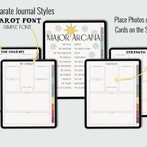May include: Printable digital download of two tarot journal pages. One page features a simple font with the title "The Chariot" and the other page features a tarot font with the title "Strength". Both pages have space for writing and a place to add a photo of a tarot card.