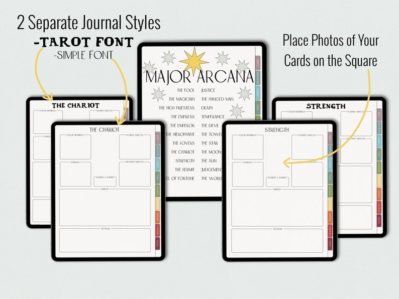 May include: Printable digital download of two tarot journal pages. One page features a simple font with the title "The Chariot" and the other page features a tarot font with the title "Strength". Both pages have space for writing and a place to add a photo of a tarot card.