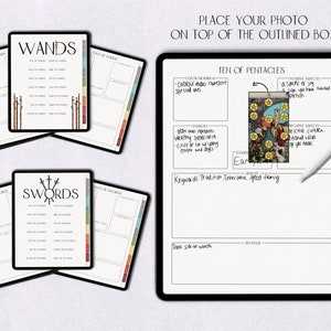 May include: A digital planner page with a tarot card image for the Ten of Pentacles card. The page includes sections for color meanings, symbols, positive aspects, negative aspects, keywords, dark side of wealth, and reversal. The page is designed for tarot card readings and journaling.