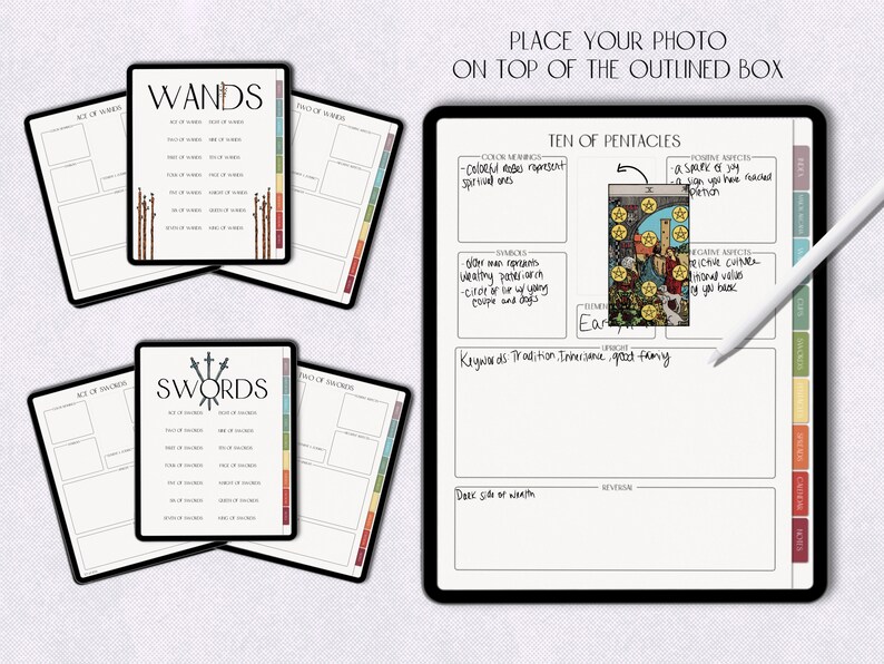 May include: A digital planner page with a tarot card image for the Ten of Pentacles card. The page includes sections for color meanings, symbols, positive aspects, negative aspects, keywords, dark side of wealth, and reversal. The page is designed for tarot card readings and journaling.