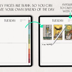 May include: A digital planner page with the word "TUESDAY" at the top. The page is blank, except for three tarot cards: Ace of Cups, Three of Wands, and The Sun. The text "A new beginning" is handwritten below the cards. The page has a column of colored squares on the right side.