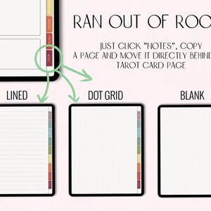 May include: Three different page layouts for a planner or notebook. The layouts are lined, dot grid, and blank. Each page has a colorful vertical column on the right side.