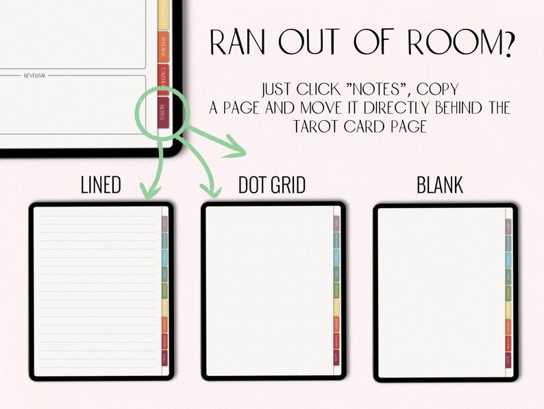 May include: Three different page layouts for a planner or notebook. The layouts are lined, dot grid, and blank. Each page has a colorful vertical column on the right side.
