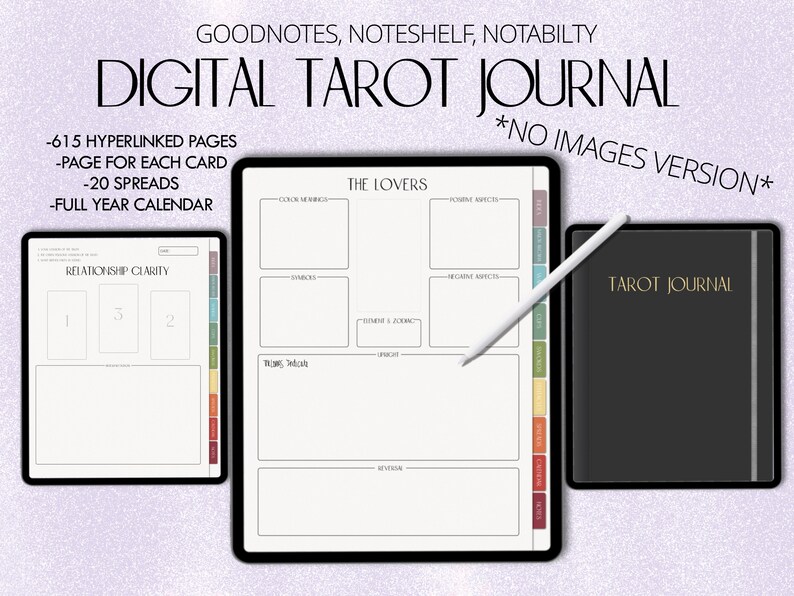 May include: Digital tarot journal with a black cover and the text "Tarot Journal" in gold lettering. The journal is open to a page with the title "The Lovers" and a section for writing notes about the card.