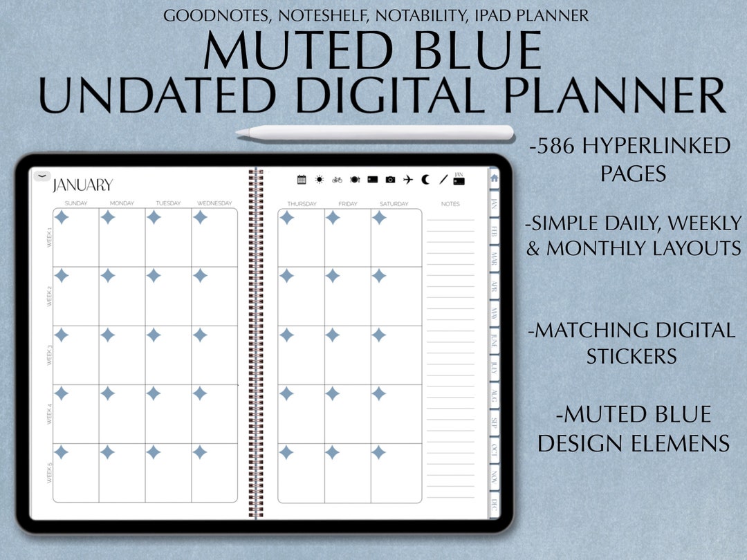 Planner Blue Notebook Blue Digital Planner, Undated Digital Planner, iPad Planner, Goodnotes ...
