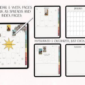 May include: A digital planner with a calendar, weekly pages, and tarot card spreads. The planner is designed to be used as a digital notebook and includes hyperlinks for easy navigation. The text on the page reads "CALENDAR & WEEK PAGES WORK AS SPREADS AND INDEX PAGES" and "HYPERLINKED & ORGANIZED, JUST CLICK!"