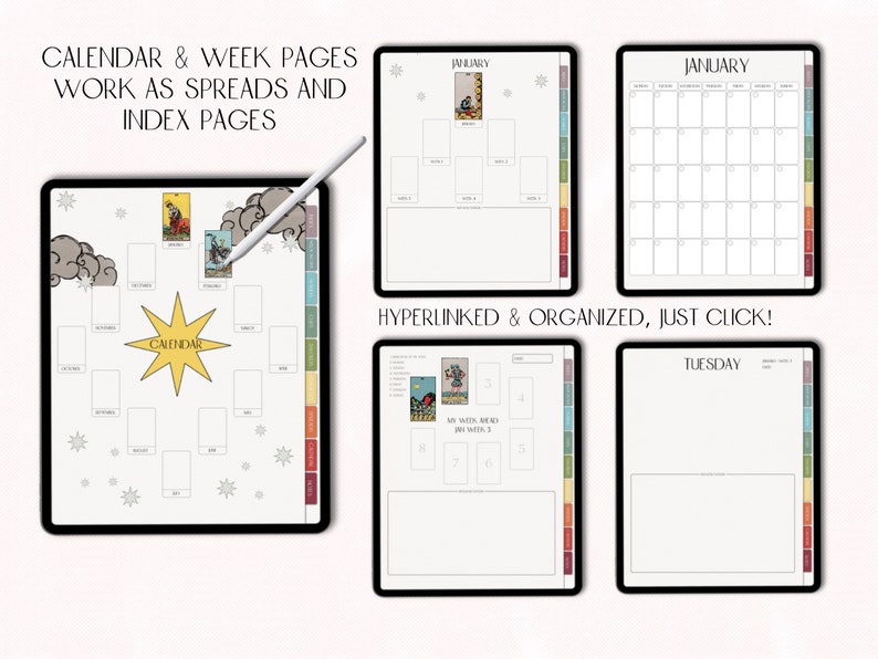 May include: A digital planner with a calendar, weekly pages, and tarot card spreads. The planner is designed to be used as a digital notebook and includes hyperlinks for easy navigation. The text on the page reads "CALENDAR & WEEK PAGES WORK AS SPREADS AND INDEX PAGES" and "HYPERLINKED & ORGANIZED, JUST CLICK!"