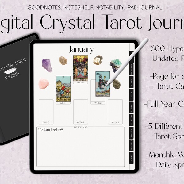 Digital Tarot Journal, Crystal Tarot, Tarot Planner, Tarot Card Workbook, Spiritual Journal, Tarot Cards, Tarot Spread Planner