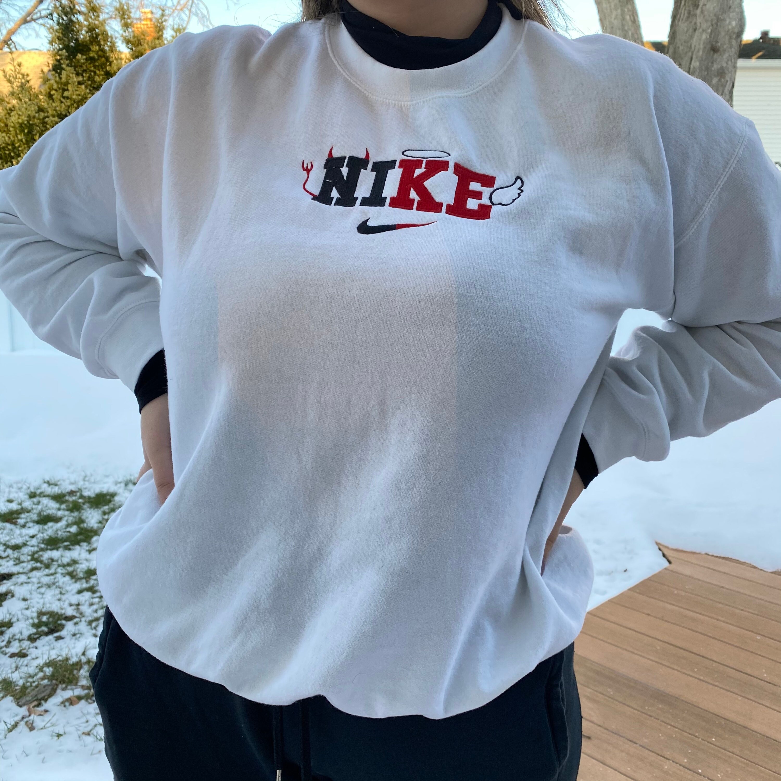 Inspired Nike Angel Devil Embroidered Crewneck Hoodie | Etsy