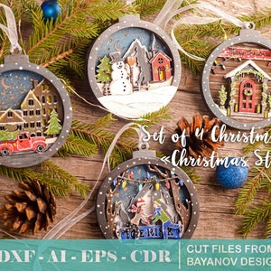 Set of 4 Christmas toys "Christmas Streets" 4-layers, ai cdr, svg, dxf files for CNC, files for laser cutting, vector cutting plan