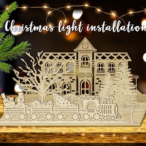 Christmas decorations &quot;Christmas Train.North Pole&quot;,candlestickwooden laser cut cnc file vector dxf ai svg silhouette template souvenir