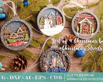 Set of 4 Christmas toys &quot;Christmas Streets&quot; 4-layers, ai cdr, svg, dxf files for CNC, files for laser cutting, vector cutting plan