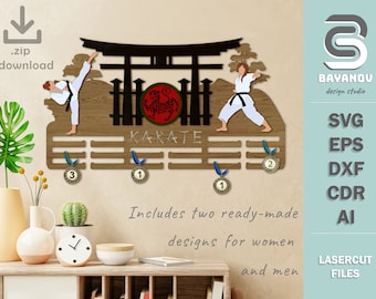 Könnte beinhalten: Ein hölzerner Karate-Medaillenhalter mit einer schwarzen Silhouette eines japanischen Tores und eines Tigers. Der Halter hat 10 Fächer für Medaillen und beinhaltet zwei Designs, eines für Frauen und eines für Männer. Der Text "KARATE" ist auf dem Halter geschrieben.