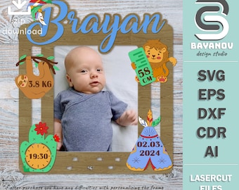 Babynamensschild mit Fotorahmen und metrischem Datum für Jungen. Laserschneiddateien. SVG/Dfx/Ai/Eps/Cdr sofortiger Download
