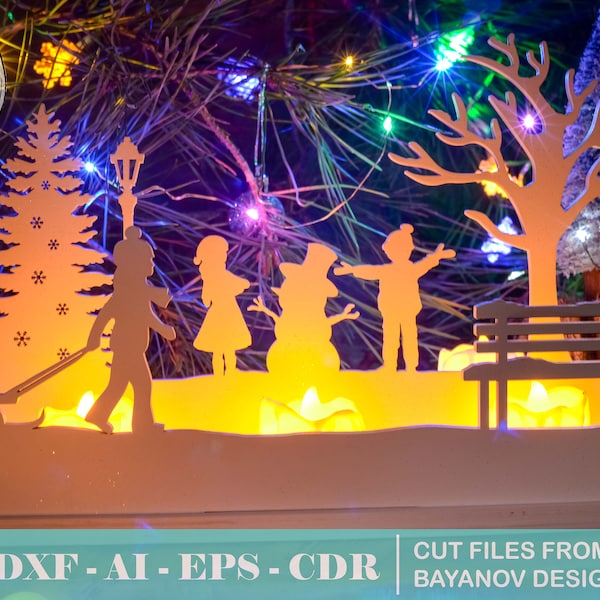 Christmas decorations "Winter in the park",candlestickwooden laser cut cnc file vector cdr dxf ai svg eps silhouette template souvenir