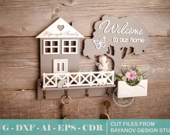 Estante para llaves "Árbol genealógico" con archivos cortados por láser, archivos CNC, archivos vectoriales, estante para llaves, llaves CNC, colgador de llaves, archivos AI, CDR, DXF, EPS y SVG.