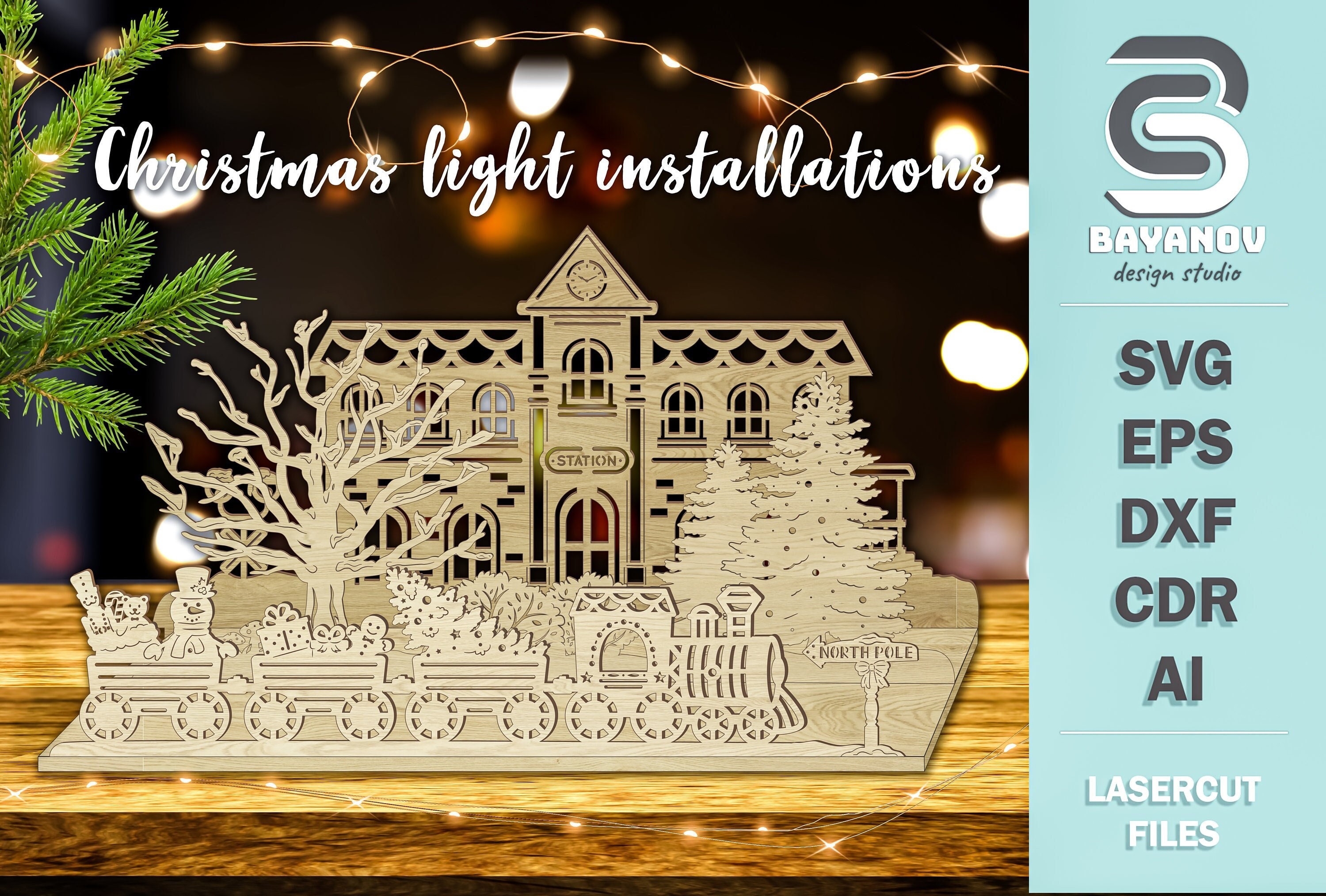 Christmas decorations "Christmas Train.North Pole",candlestickwooden laser cut cnc file vector dxf ai svg silhouette template souvenir
