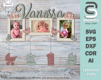 Placa con nombre personalizada de bebé con marco de fotos y colgantes para niña. Limas de corte por láser. Descarga instantánea SVG/Dfx/Ai/Eps/Cdr