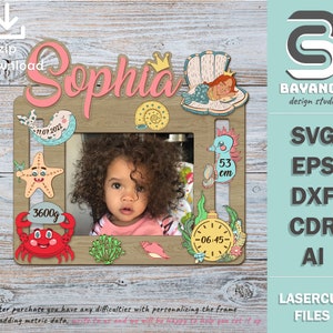 Baby-Namensschild Meerjungfrau mit Fotorahmen und metrischem Datum für Mädchen. Meeresprinzessin Laserschneiddateien. Svg/Dfx/Ai/Eps/Cdr sofortiger Download