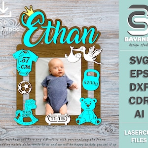 Baby name sign with photo frame and metric date for boy. laser cutting files. Svg/Dfx/Ai/Eps/Cdr instant download