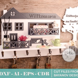 blueprint Key holder &quot;Dream House witch balcony&quot; shelf laser cut files,cnc vector file,keys cnc,key hanger, ai cdr dxf eps svg