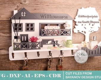 blueprint Key holder "Dream House witch balcony" shelf laser cut files,cnc vector file,keys cnc,key hanger, ai cdr dxf eps svg