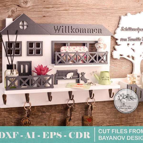 Ritning nyckelhållare "Drömhus häxbalkong" hylla laserskurna filer, CNC-vektorfil, nycklar CNC, nyckelhängare, AI CDR DXF EPS SVG