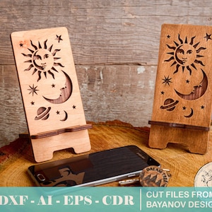 phone stand &quot;Sun and moon&quot; drawing for laser cutting dxf,svg,ai,cdr,eps,vector file,cnc file,file for cutting,laser cut iPhone stand