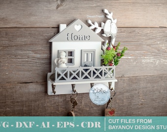 Key holder "Tiny house" shelf laser cut files,cnc files,vector file,shelf for keys,keys cnc,key hanger, ai cdr dxf eps svg