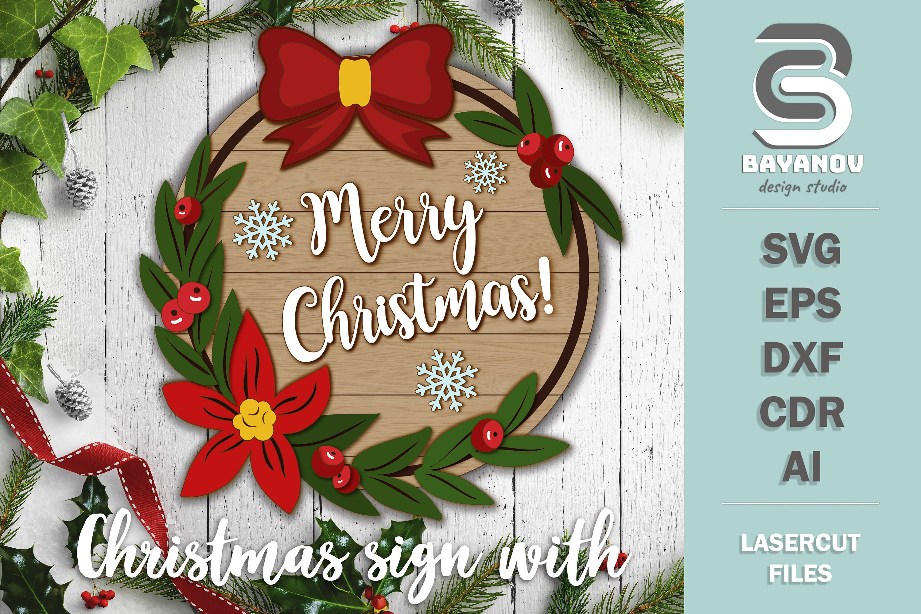 Christmas Welcome Sign With Wreath , Christmas Door Round Svg, Ai, Cdr ...