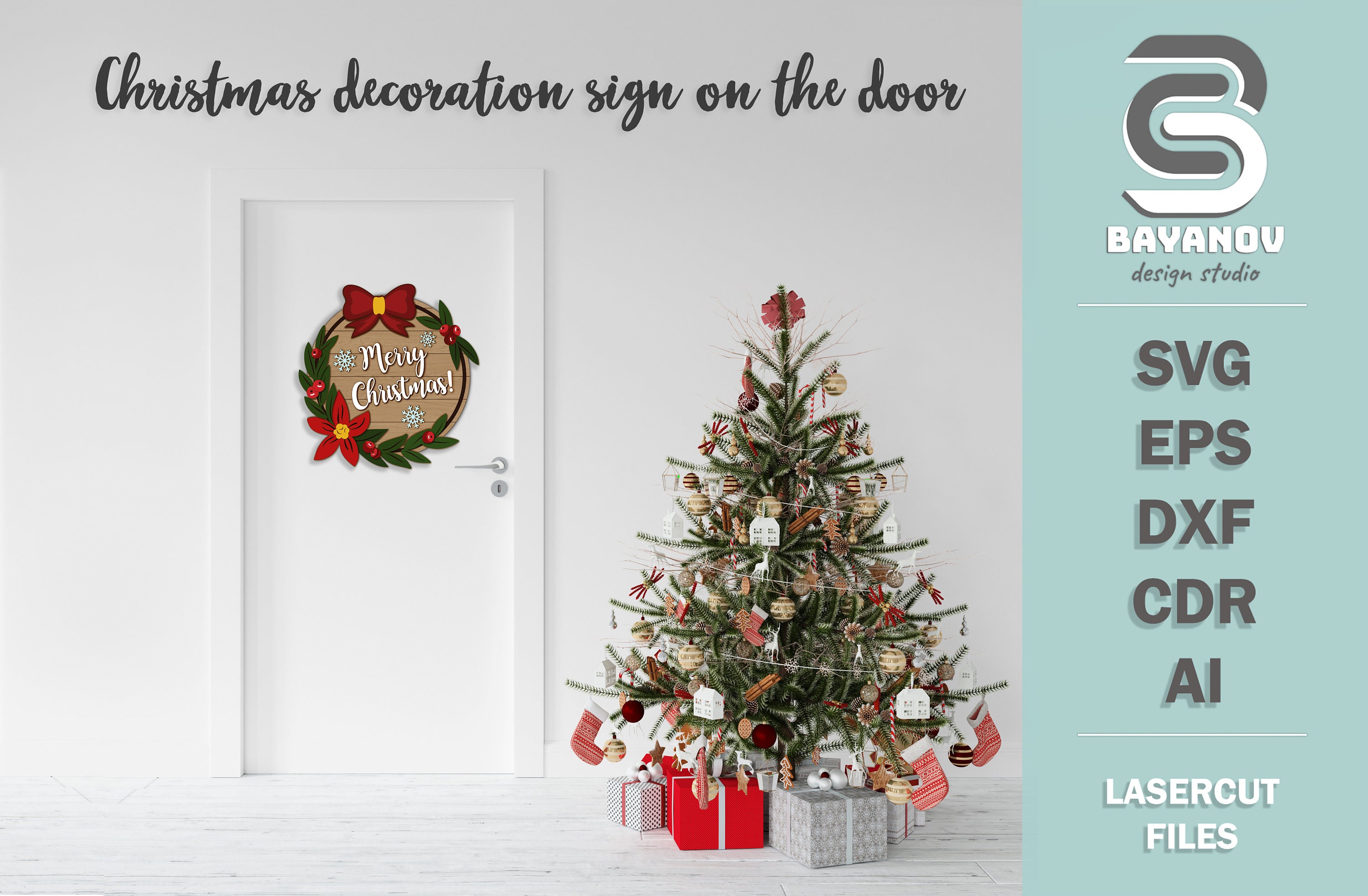 Christmas Welcome Sign With Wreath , Christmas Door Round Svg, Ai, Cdr ...