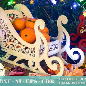 Kerst decoratie Candy box "Santa's sleigh" (3,4,5,6 mm) xmas gesneden bestand decoraties bestand voor laser cut, ai svg eps dxf cdr