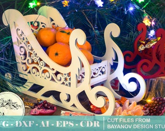 Christmas decoration Candy box &quot;Santa&#39;s sleigh&quot; (3,4,5,6 mm)xmas cut file decorations file for laser cut, ai svg eps dxf cdr