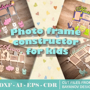 Pode incluir: Quatro designs diferentes de molduras para fotos para crianças, cada um com um nome e tema diferente. As molduras são feitas de madeira e têm uma variedade de cores e designs. As molduras são perfeitas para exibir fotos de crianças. O texto nas molduras diz "Варвара", "Husima", "Аиша" e "Маша".
