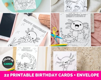 22 PRINTABLE birthday cards - color in birthday cards  for children, printable party favors for kids, diy birthday cards for children