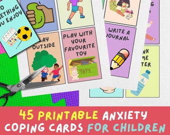 May include: 45 printable coping cards for children with colorful illustrations and text. The cards feature activities like squeezing a ball, running on the spot, playing with a favorite toy, drawing a picture, writing in a journal, and drinking water.