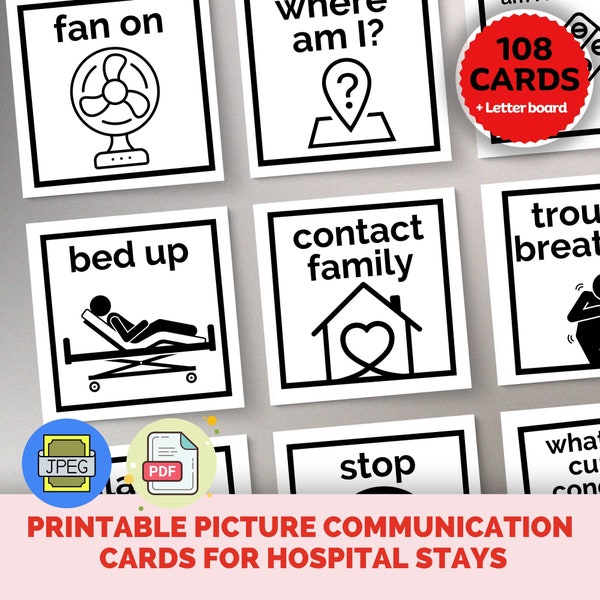 108 Printable picture exchange Communication Cards for hospital stays /Ventilator Users / none-verbal /tracheostomy / Critical care / pdf