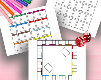 May include: A printable game board with a blank center and a colorful border. The board is surrounded by two sheets of paper with blank squares, perfect for creating your own game.