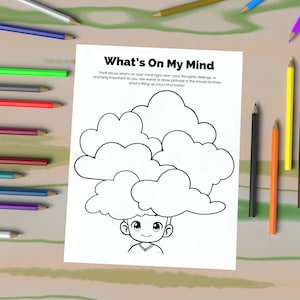 Puede incluir: Una página para colorear imprimible con un personaje de dibujos animados con nubes sobre su cabeza. El texto "What's On My Mind" está en la parte superior de la página. La página anima a los usuarios a escribir o dibujar en las nubes para expresar sus pensamientos y sentimientos.